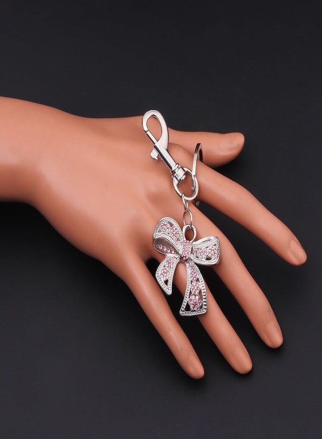 SORGERLY Pink Bow Bag Charm Keychain - Silver Key Chain, Cute Purse Handbag Accessories - Sparkly Gift for Women (Silver) - Image 2